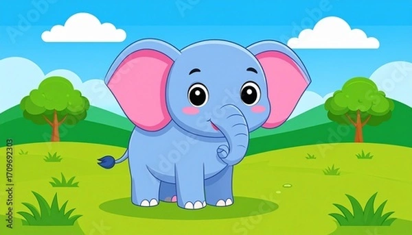Obraz Cartoon blue elephant with pink ears stands in a green field under blue sky