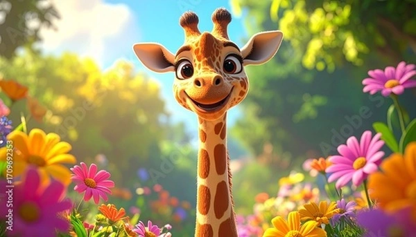 Obraz Cheerful cartoon giraffe with big eyes smiles from a bright field of colorful flowers against a sunny sky