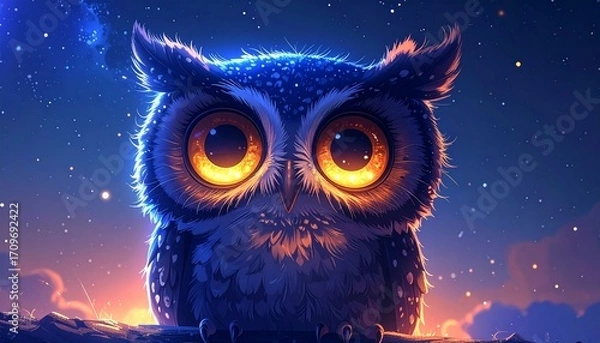 Obraz Staring owl with luminous eyes, starry plumage, against a vibrant, dreamy night sky with hints of clouds