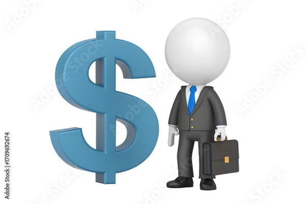 Obraz Stick figure businessman with briefcase standing next to a large blue dollar sign on black background