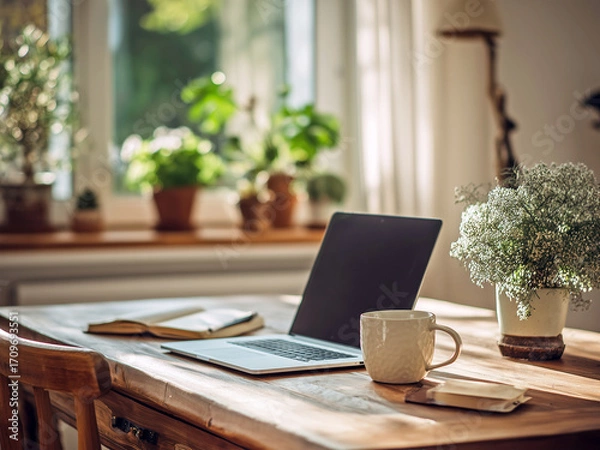Fototapeta A cozy autumn home office, an open laptop on a wooden table and a cup of tea or coffee. A workspace by the window, rustic style.