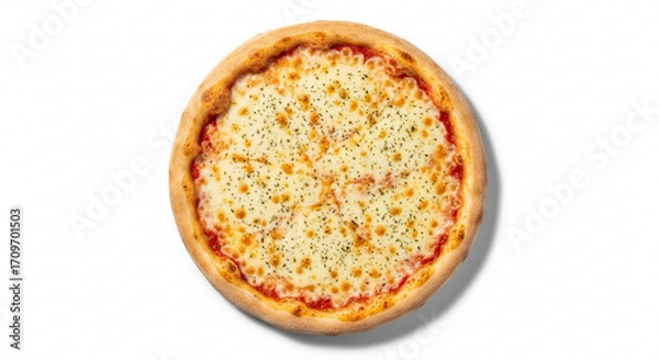 Fototapeta A simple, whole margherita pizza topped with cheese and herbs.
