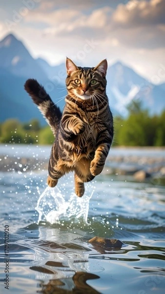 Fototapeta Jumping cat in river