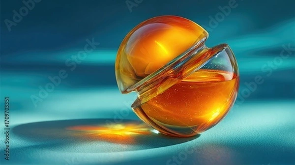 Fototapeta Two translucent amber spheres, overlapping, on teal surface