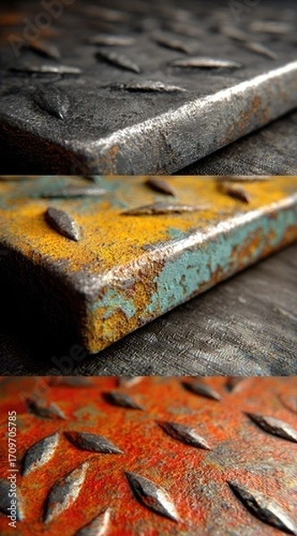 Fototapeta Close-up of three metal plates, showing varied colors and textures of rust and paint