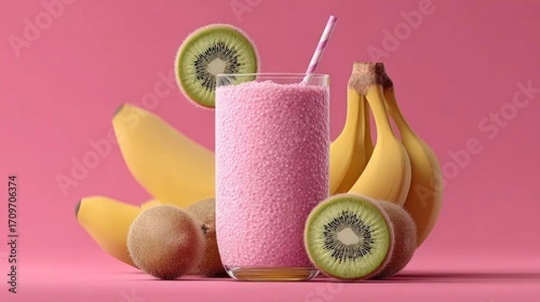 Fototapeta Pink smoothie with kiwi and banana