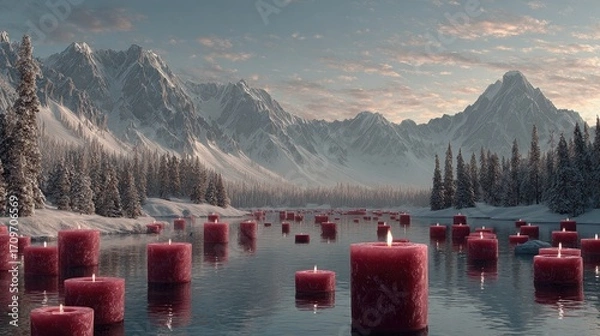 Fototapeta Snowy mountain landscape, many red candles float on a still lake