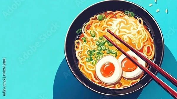 Fototapeta A vibrant bowl of ramen noodles topped with green onions and soft-boiled eggs, served with chopsticks against a bright blue background.