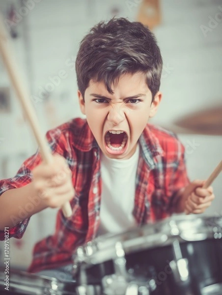 Fototapeta Boy passionately playing drums with intense expression.