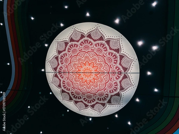 Fototapeta Illuminated Red and Orange Mandala Design on a Ceiling with Starry Lights