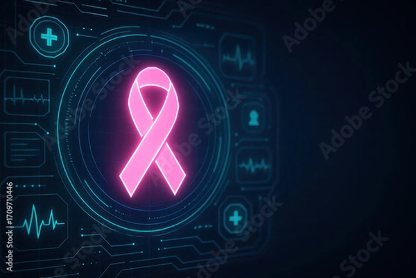 Fototapeta Medical pink ribbon symbolizing awareness and support for breast cancer is displayed on futuristic digital interface with healthcare icons and glowing elements, representing hope and prevention