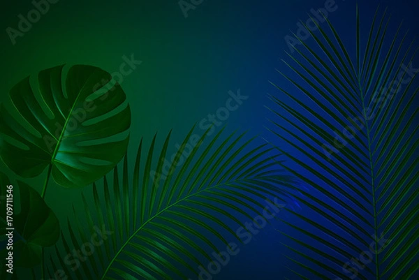 Fototapeta Lush Green Leaves: Palm and monstera leaves, bathed in a vibrant emerald and sapphire gradient, create a mesmerizing visual display