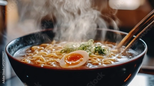 Fototapeta A steaming bowl of ramen with soft boiled egg and green onions, evoking warmth and comfort in a cozy setting.