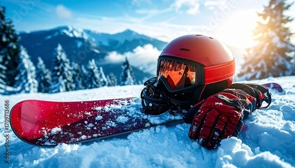 Fototapeta Snowboard in the beautiful snow mountain, winter and Christmas holiday season