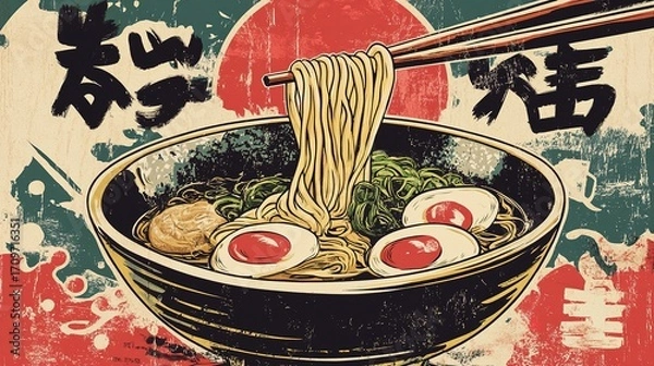 Fototapeta A colorful illustration of a bowl of ramen, featuring noodles, eggs, and a vintage aesthetic reminiscent of Japanese cuisine.