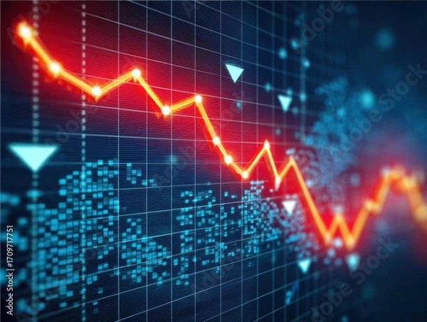Fototapeta Red graph showing economic crisis falling on digital display