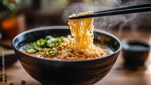 Fototapeta A steaming bowl of noodles, garnished with green onions and herbs, presented with chopsticks, evokes a warm, inviting culinary experience.