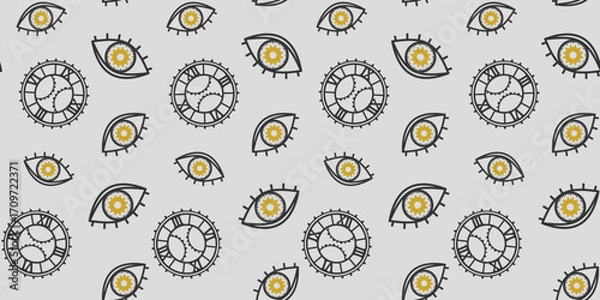 Fototapeta Eyes and dials with gears and cogwheels on a light gray background. Stylish endless texture with unusual ornament. Mechanism. Steampunk. Vector seamless pattern for wrapping paper, giftwrap, printing