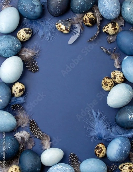 Obraz Blue Easter eggs and feathers arranged in a frame