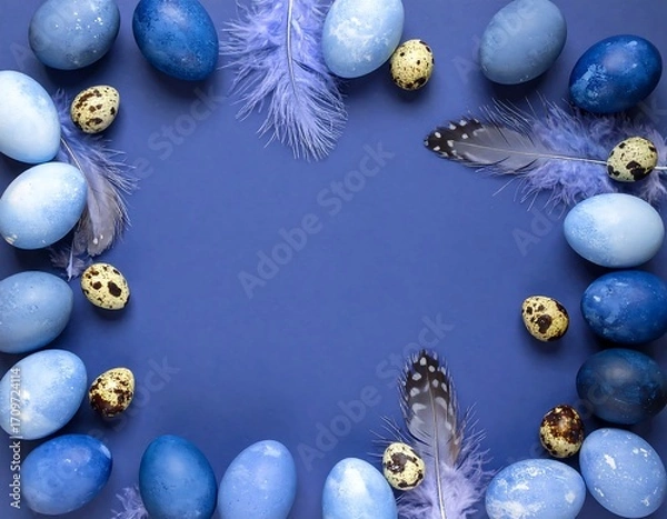 Obraz Blue Easter eggs and feathers
