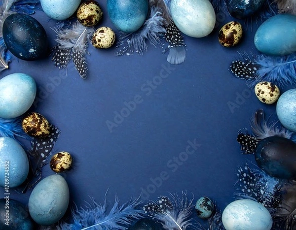Obraz Blue Easter eggs, feathers, frame (1)