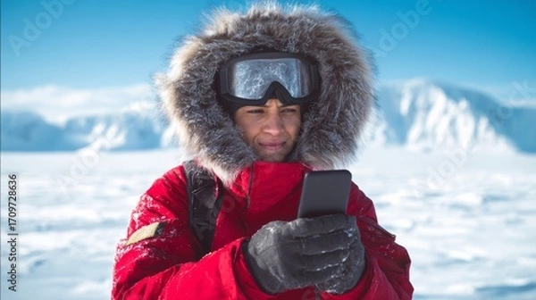 Fototapeta A man in a red coat is looking at his phone while standing on a snowy mountain. Concept of solitude and isolation, as the man is alone in the vast, cold landscape