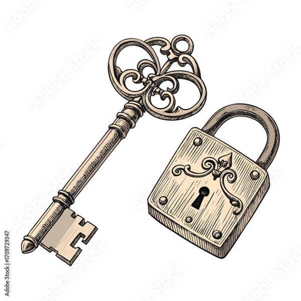 Fototapeta Vintage key and lock outline drawing with ornate design and simple padlock. Outline vector illustration