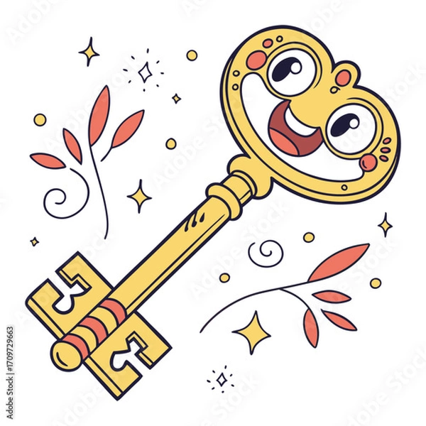 Fototapeta Vintage key and lock outline drawing with ornate design and simple padlock. Outline vector illustration