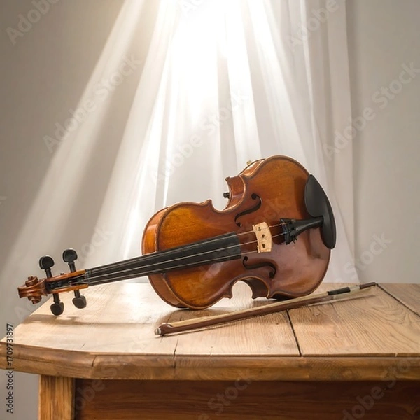 Fototapeta Violin on wooden table by window