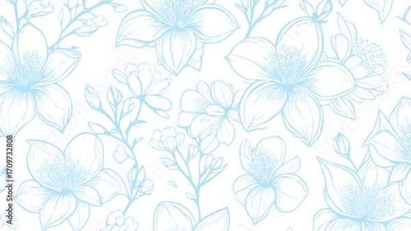 Fototapeta Blue and white seamless patterns background with flowers sakura.  Botanic tropical wallpaper with daisies flower and leaves. 