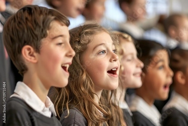 Fototapeta School choir students singing with open mouths during music performance