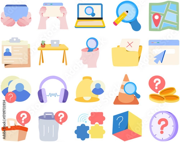 Fototapeta Lost illustration icon set, featuring simple and creative designs symbolising missing, searching, and exploration concepts. Ideal for use in apps, web design, infographics, and digital media projects.