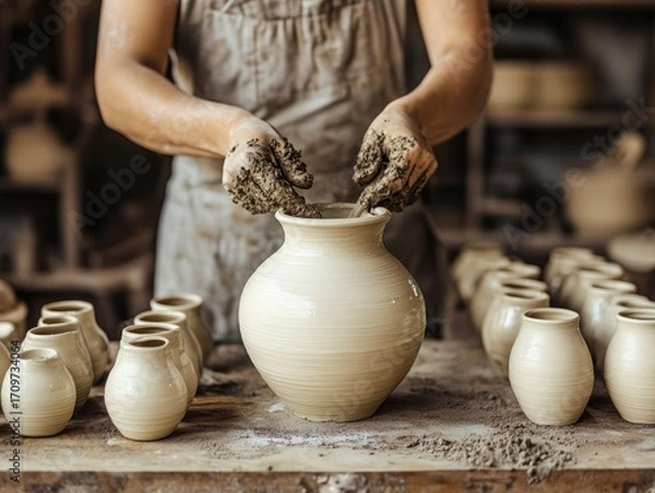 Obraz Hands shaping clay pot