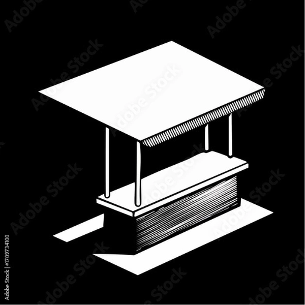 Fototapeta A minimalist, isometric illustration of an empty market stall or kiosk, rendered in black and white with hatching for shading and depth.