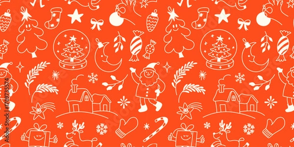 Fototapeta Vector seamless pattern, illustration in simple hand drawn style, trendy playful whimsical quirky style, for Christmas and New Year prints, cards, banners