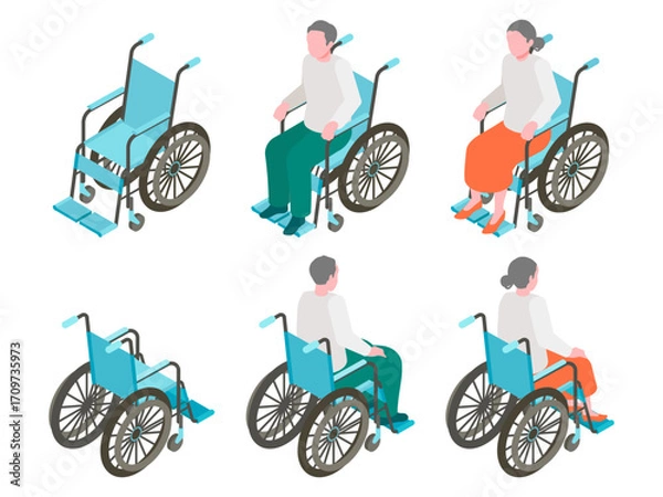 Obraz Isometric illustration of elderly men and women in wheelchairs, viewed from various angles