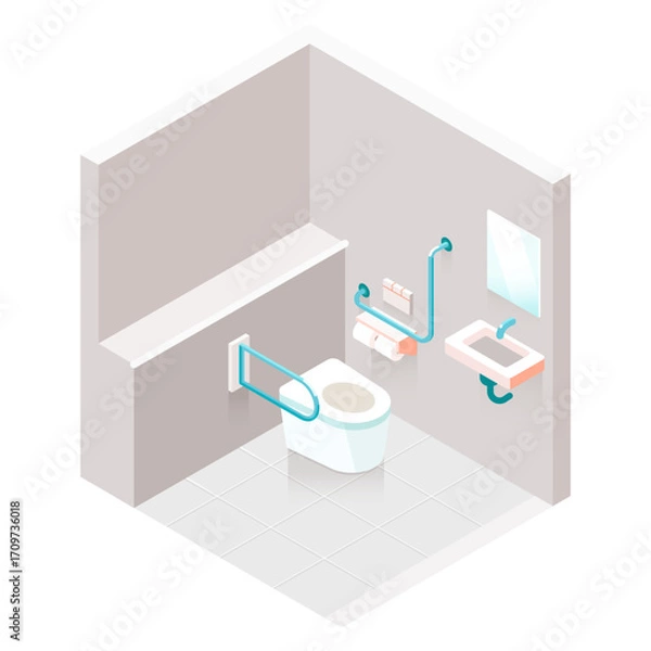 Obraz Isometric illustration of an accessible restroom with safety rails and barrier-free design
