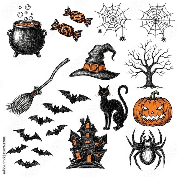 Fototapeta A collection of hand-drawn Halloween-themed doodle or sketch illustrations