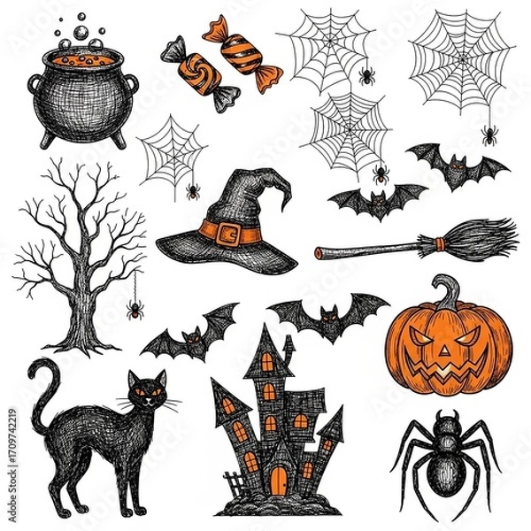 Fototapeta A collection of hand-drawn Halloween-themed doodle or sketch illustrations