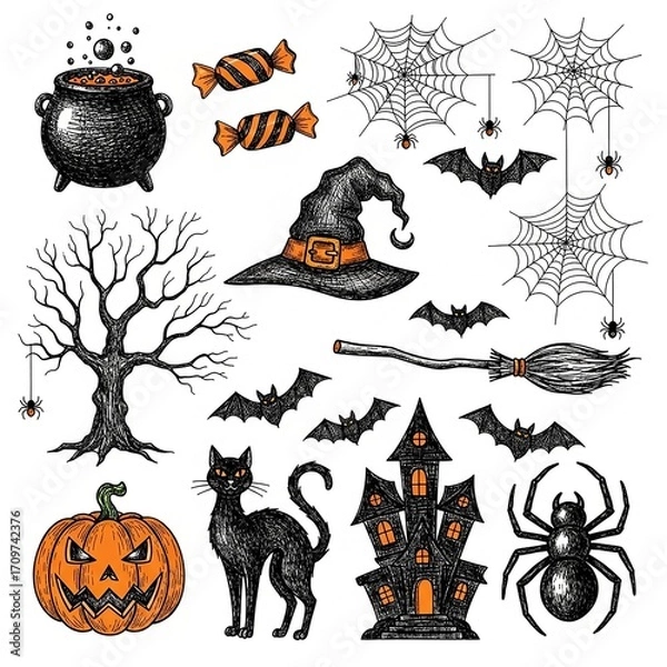 Fototapeta A collection of hand-drawn Halloween-themed doodle or sketch illustrations
