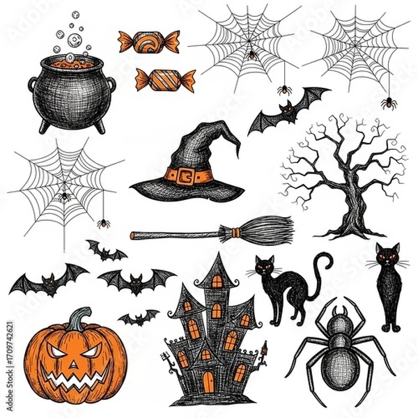 Fototapeta A collection of hand-drawn Halloween-themed doodle or sketch illustrations