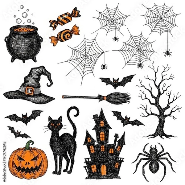 Fototapeta A collection of hand-drawn Halloween-themed doodle or sketch illustrations
