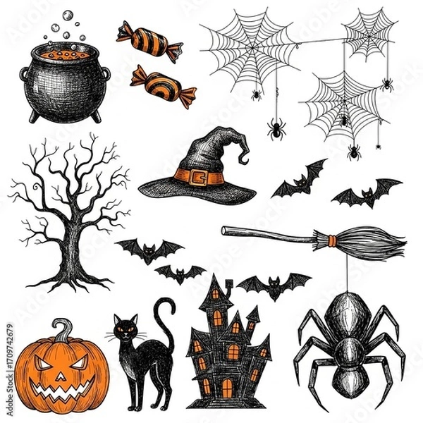 Fototapeta A collection of hand-drawn Halloween-themed doodle or sketch illustrations