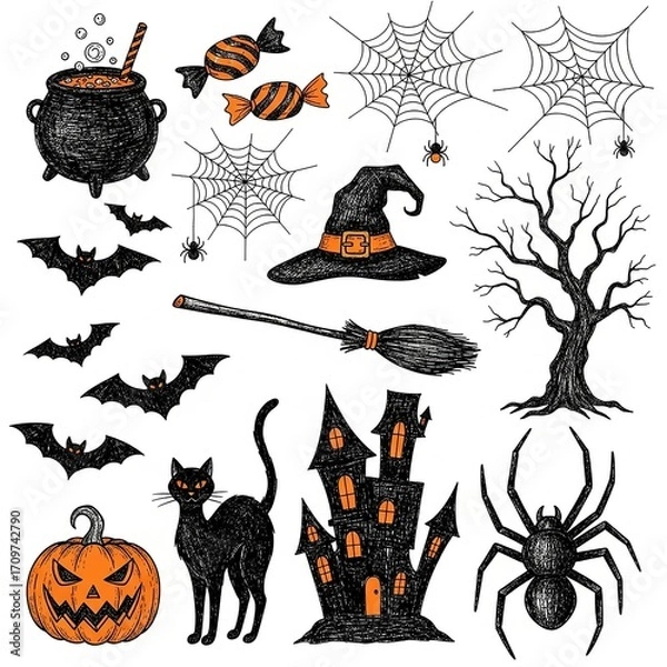 Fototapeta A collection of hand-drawn Halloween-themed doodle or sketch illustrations