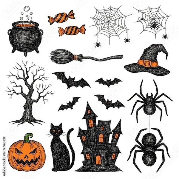 Fototapeta A collection of hand-drawn Halloween-themed doodle or sketch illustrations