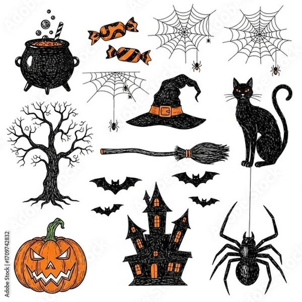 Fototapeta A collection of hand-drawn Halloween-themed doodle or sketch illustrations