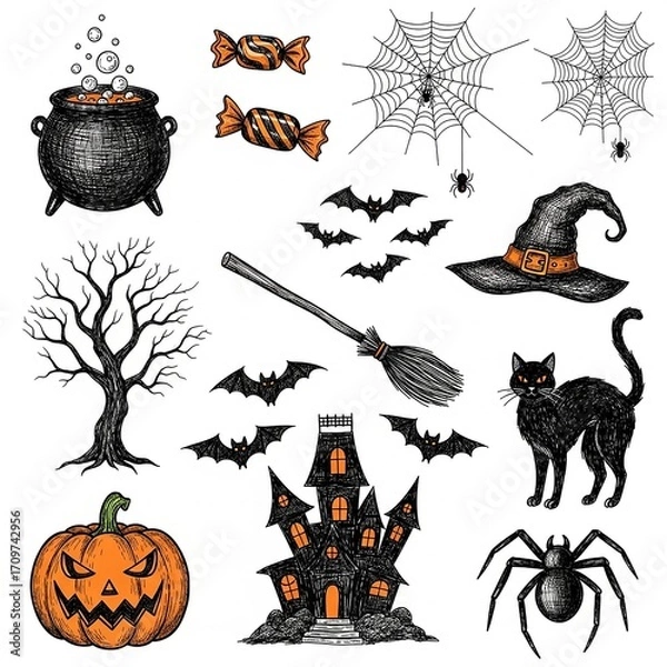 Fototapeta A collection of hand-drawn Halloween-themed doodle or sketch illustrations