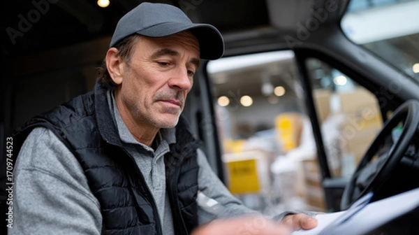 Fototapeta A middle-aged man looks intently at documents while seated in a delivery van, conveying concentration and diligence in his work environment during a busy day.