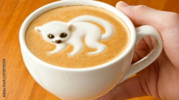 Fototapeta Cute animal in cappuccino art on white ceramic cup held by hand