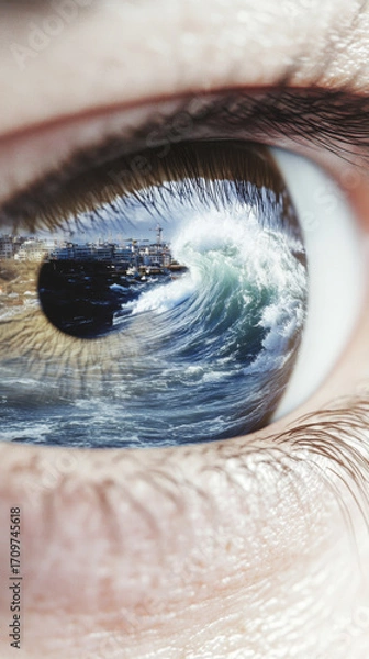 Fototapeta Human eye reflecting giant tsunami wave in apocalyptic scene, conceptual